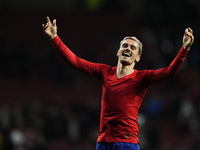 Antoine Griezmann second striker of Atletico de Madrid and France celebrates victory after the La Liga Santander match between Atletico de M...