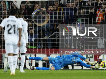 Thibaut Courtois goalkeeper of Real Madrid and Belgium makes a save during the La Liga Santander match between FC Barcelona and Real Madrid...