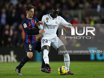 Ferland Mendy left-back of Real Madrid and France and Gavi central midfield of Barcelona and Spain compete for the ball during the La Liga S...