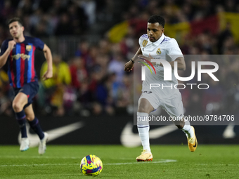 Rodrygo Goes right winger of Real Madrid and Brazil runs with the ball during the La Liga Santander match between FC Barcelona and Real Madr...
