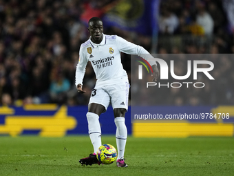 Ferland Mendy left-back of Real Madrid and France does passed during the La Liga Santander match between FC Barcelona and Real Madrid CF at...