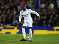 Ferland Mendy left-back of Real Madrid and France does passed during the La Liga Santander match between FC Barcelona and Real Madrid CF at...