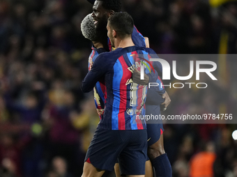 Franck Kessie central midfield of Barcelona and Cote d'Ivoire celebrates victory after the La Liga Santander match between FC Barcelona and...