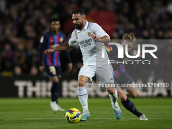 Daniel Carvajal right-back of Real Madrid and Spain and Frenkie de Jong central midfield of Barcelona and Netherlands compete for the ball d...