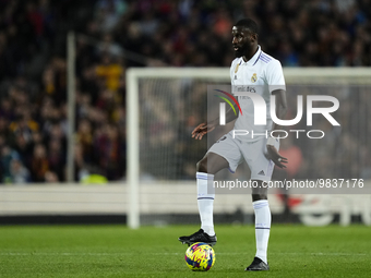 Antonio Rudiger centre-back of Real Madrid and Germany controls the ball during the La Liga Santander match between FC Barcelona and Real Ma...