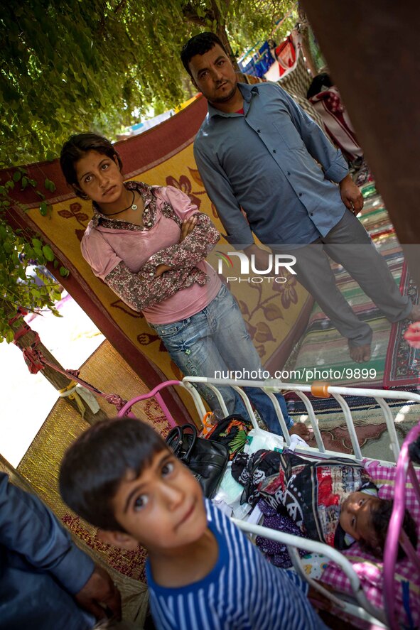 A young refugee family with there youngest in a cradle mounted between trees.

Photo: Flo Smith/NurPhoto