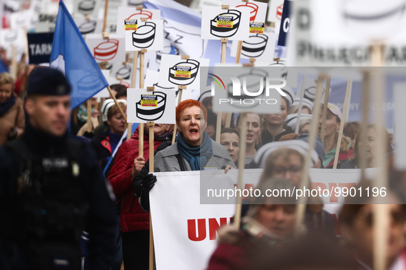 Polish nurses and midwives of hospitals from all the country take part in a protest marching through the streets of Krakow, Poland, on April...