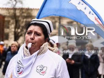 Polish nurses and midwives of hospitals from all the country take part in a protest marching through the streets of Krakow, Poland, on April...