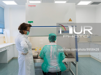 Two health workers in personal protective equipment PPE are conducting COVID-19 PCR tests procedure in the laboratory of the Hellenic Nation...