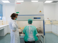 Two health workers in personal protective equipment PPE are conducting COVID-19 PCR tests procedure in the laboratory of the Hellenic Nation...