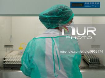 A health worker in personal protective equipment PPE is conducting COVID-19 PCR tests procedure in the laboratory of the Hellenic National B...