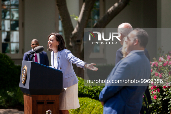 Teacher of the Year Rebecka Peterson introudnces President Joe Biden, at an event honoring Teachers of the Year in the White House Rose Gard...