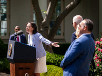 Teacher of the Year Rebecka Peterson introudnces President Joe Biden, at an event honoring Teachers of the Year in the White House Rose Gard...