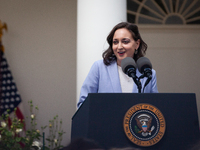 Teacher of the Year Rebecka Paterson speaks at an event honoring Teachers of the Year in the White House Rose Garden.  The teachers were cho...