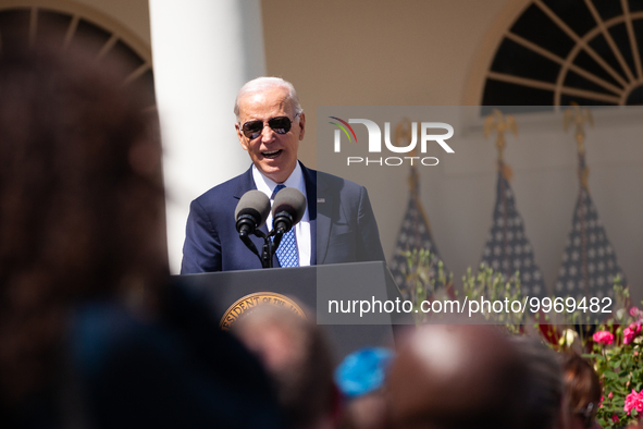 President Joe Biden, speaks at an event honoring Teachers of the Year in the White House Rose Garden.  The teachers were chosen for excellen...