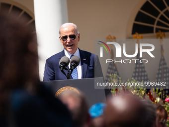 President Joe Biden, speaks at an event honoring Teachers of the Year in the White House Rose Garden.  The teachers were chosen for excellen...