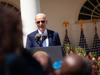 President Joe Biden, speaks at an event honoring Teachers of the Year in the White House Rose Garden.  The teachers were chosen for excellen...