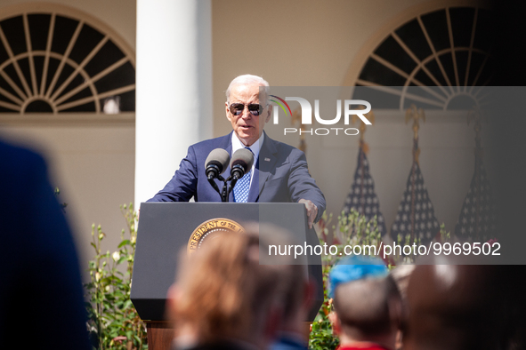 President Joe Biden, speaks at an event honoring Teachers of the Year in the White House Rose Garden.  The teachers were chosen for excellen...