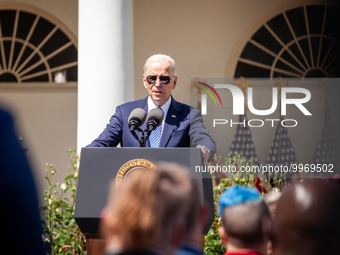 President Joe Biden, speaks at an event honoring Teachers of the Year in the White House Rose Garden.  The teachers were chosen for excellen...