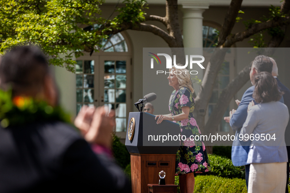 First Lady Dr. Jill Biden speaks at an event honoring Teachers of the Year in the White House Rose Garden.  The teachers were chosen for exc...