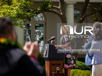 First Lady Dr. Jill Biden speaks at an event honoring Teachers of the Year in the White House Rose Garden.  The teachers were chosen for exc...