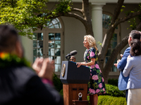 First Lady Dr. Jill Biden speaks at an event honoring Teachers of the Year in the White House Rose Garden.  The teachers were chosen for exc...