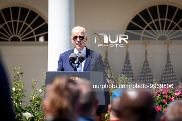 President Joe Biden, speaks at an event honoring Teachers of the Year in the White House Rose Garden.  The teachers were chosen for excellen...