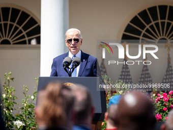 President Joe Biden, speaks at an event honoring Teachers of the Year in the White House Rose Garden.  The teachers were chosen for excellen...