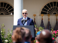 President Joe Biden, speaks at an event honoring Teachers of the Year in the White House Rose Garden.  The teachers were chosen for excellen...