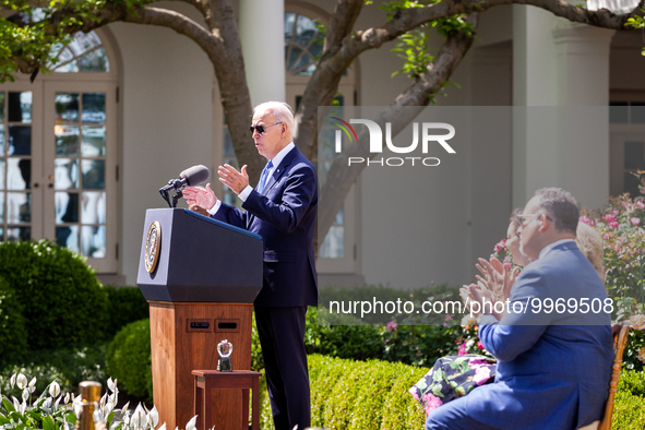 President Joe Biden, speaks at an event honoring Teachers of the Year in the White House Rose Garden.  The teachers were chosen for excellen...