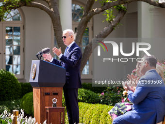 President Joe Biden, speaks at an event honoring Teachers of the Year in the White House Rose Garden.  The teachers were chosen for excellen...