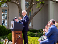 President Joe Biden, speaks at an event honoring Teachers of the Year in the White House Rose Garden.  The teachers were chosen for excellen...