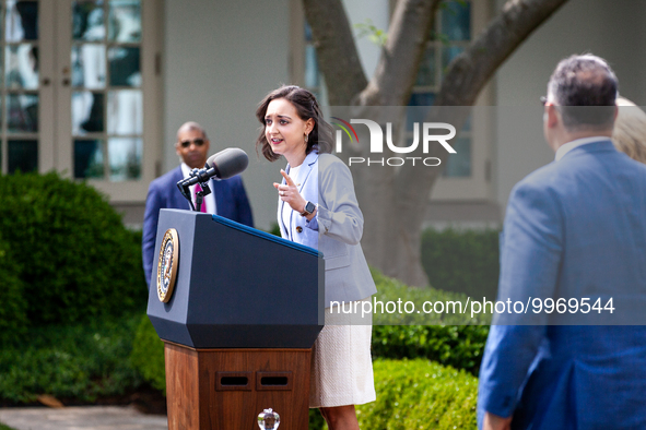 Teacher of the Year Rebecka Paterson speaks at an event honoring Teachers of the Year in the White House Rose Garden.  The teachers were cho...