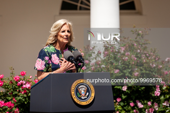 First Lady Dr. Jill Biden speaks at an event honoring Teachers of the Year in the White House Rose Garden.  The teachers were chosen for exc...