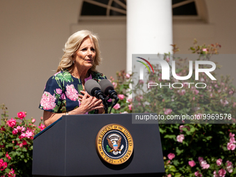 First Lady Dr. Jill Biden speaks at an event honoring Teachers of the Year in the White House Rose Garden.  The teachers were chosen for exc...