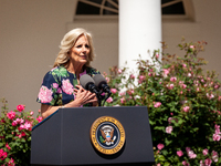 First Lady Dr. Jill Biden speaks at an event honoring Teachers of the Year in the White House Rose Garden.  The teachers were chosen for exc...