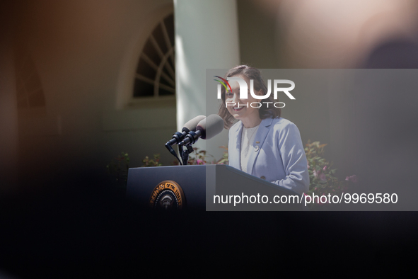 Teacher of the Year Rebecka Paterson speaks at an event honoring Teachers of the Year in the White House Rose Garden.  The teachers were cho...