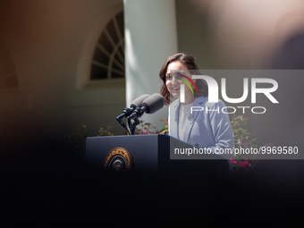 Teacher of the Year Rebecka Paterson speaks at an event honoring Teachers of the Year in the White House Rose Garden.  The teachers were cho...