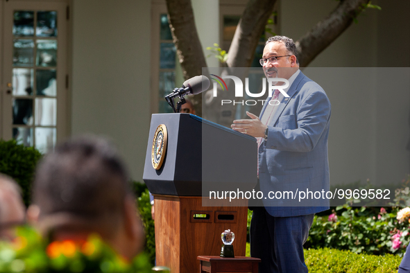 Secretary of Education Miguel Cardona speaks at an event honoring Teachers of the Year in the White House Rose Garden.  The teachers were ch...