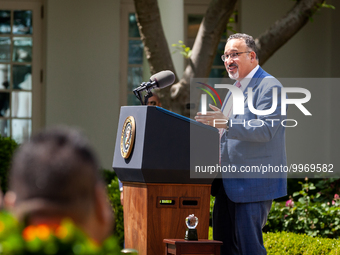 Secretary of Education Miguel Cardona speaks at an event honoring Teachers of the Year in the White House Rose Garden.  The teachers were ch...