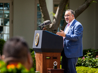 Secretary of Education Miguel Cardona speaks at an event honoring Teachers of the Year in the White House Rose Garden.  The teachers were ch...